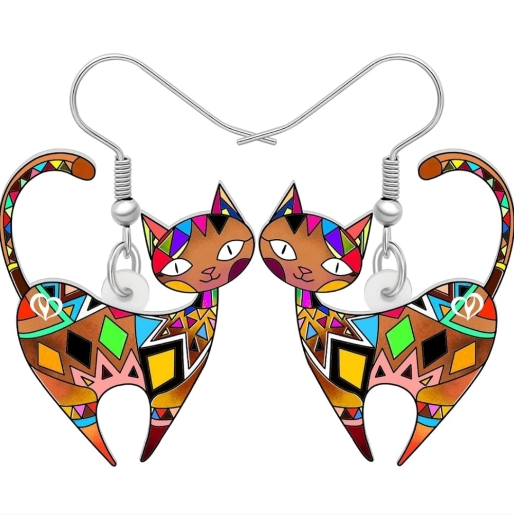 Women's jewelry unique multicolored designed cat dangle earrings!